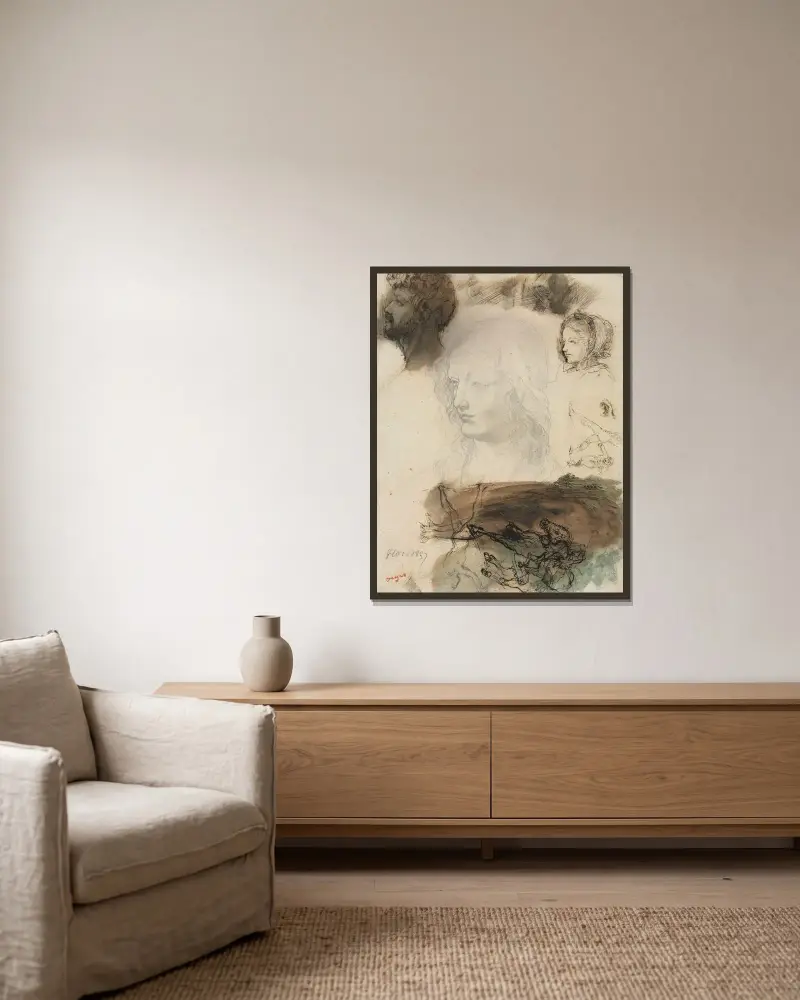 Sheet of Studies and Sketches av Edgar Degas inramad på en vägg