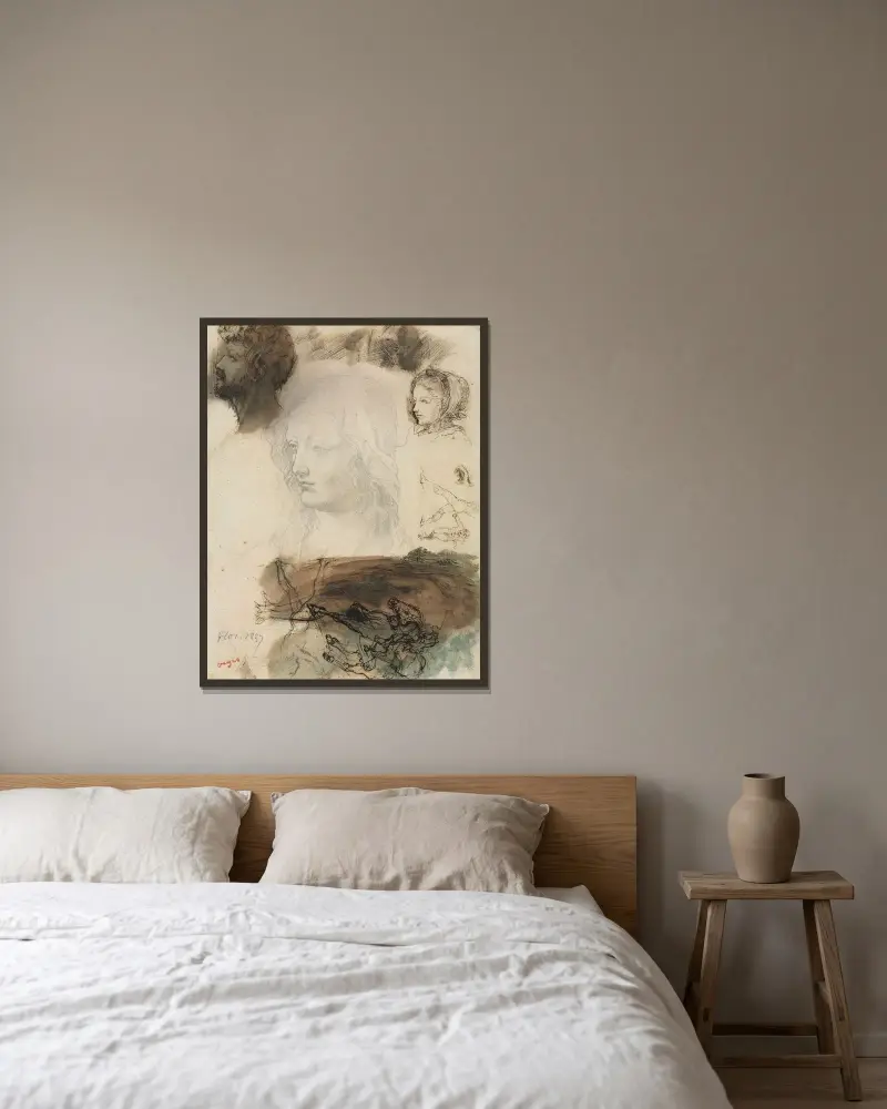 Sheet of Studies and Sketches av Edgar Degas inramad på en vägg