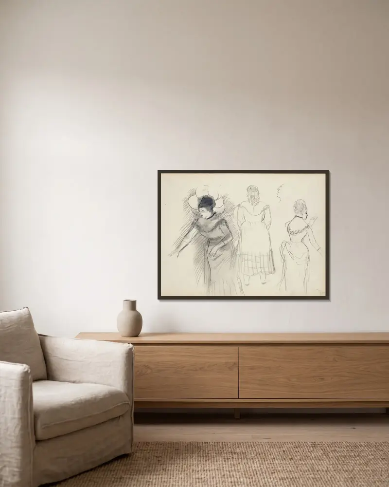 Sketches of Café Singers, 1877 – nr 2 av Edgar Degas inramad på en vägg