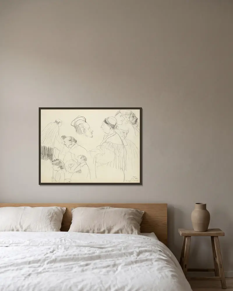 Skisser av figurer vid en begravning av Edgar Degas inramad på en vägg