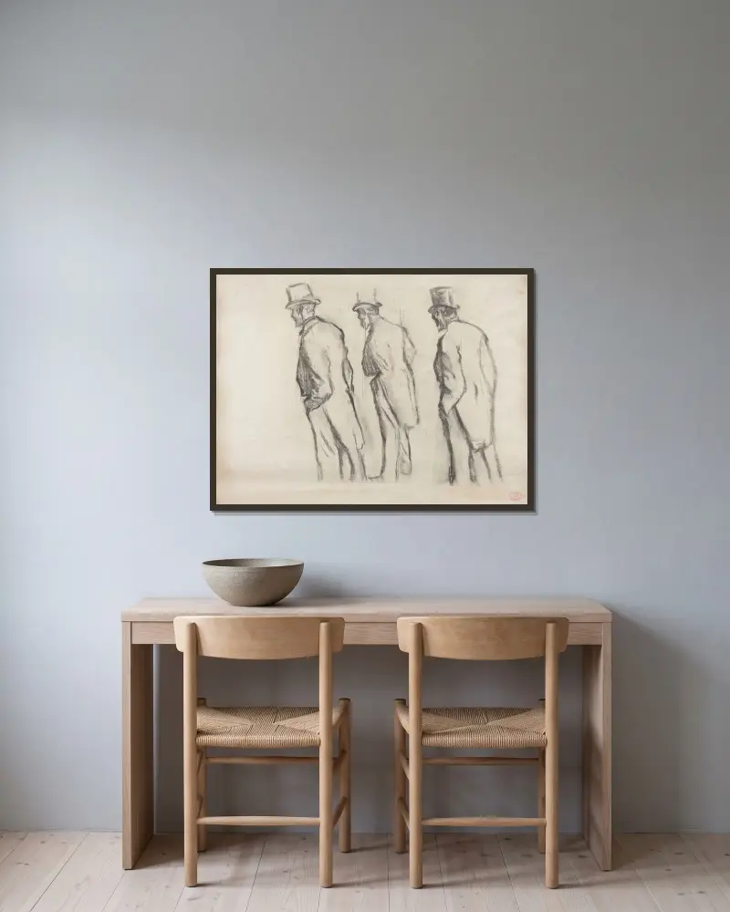 Three Studies of Ludovic Halévy Standing II av Edgar Degas inramad på en vägg