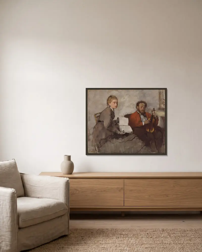 Violinist and Young Woman av Edgar Degas inramad på en vägg