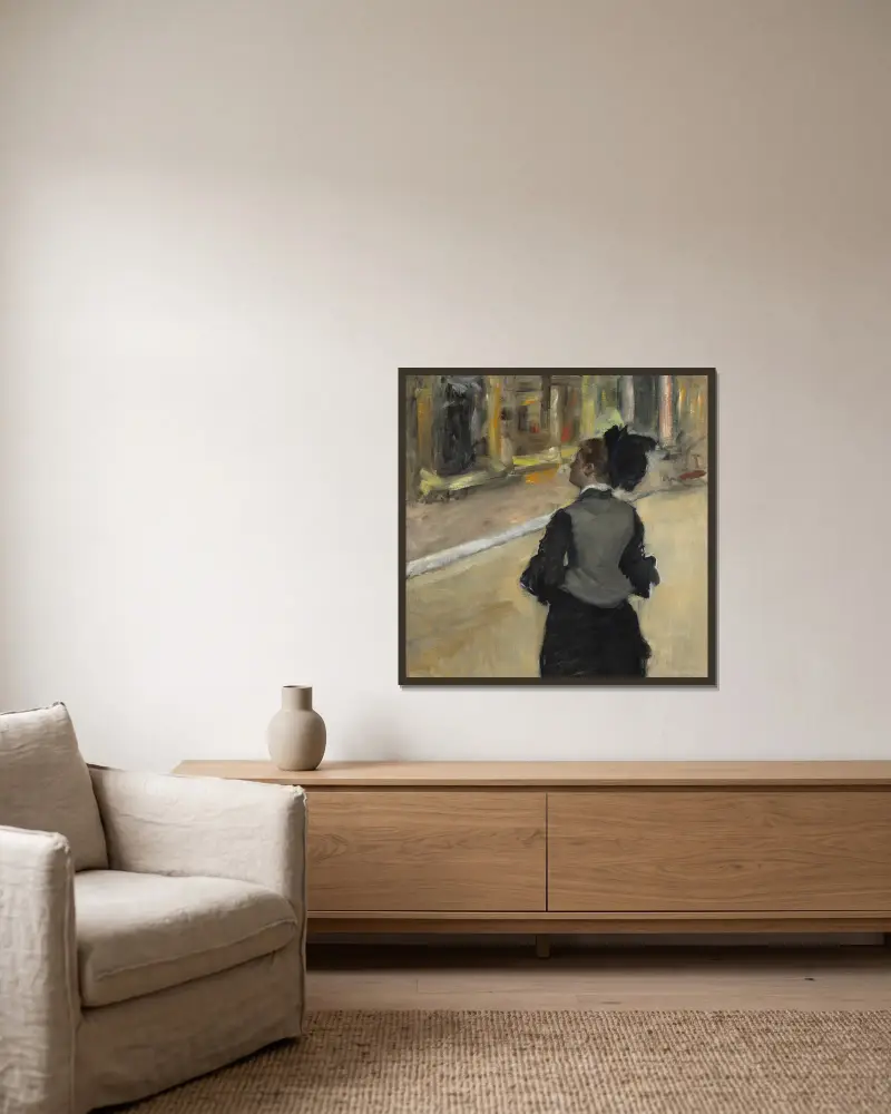 Woman Viewed from Behind (Visit to a Museum) av Edgar Degas inramad på en vägg