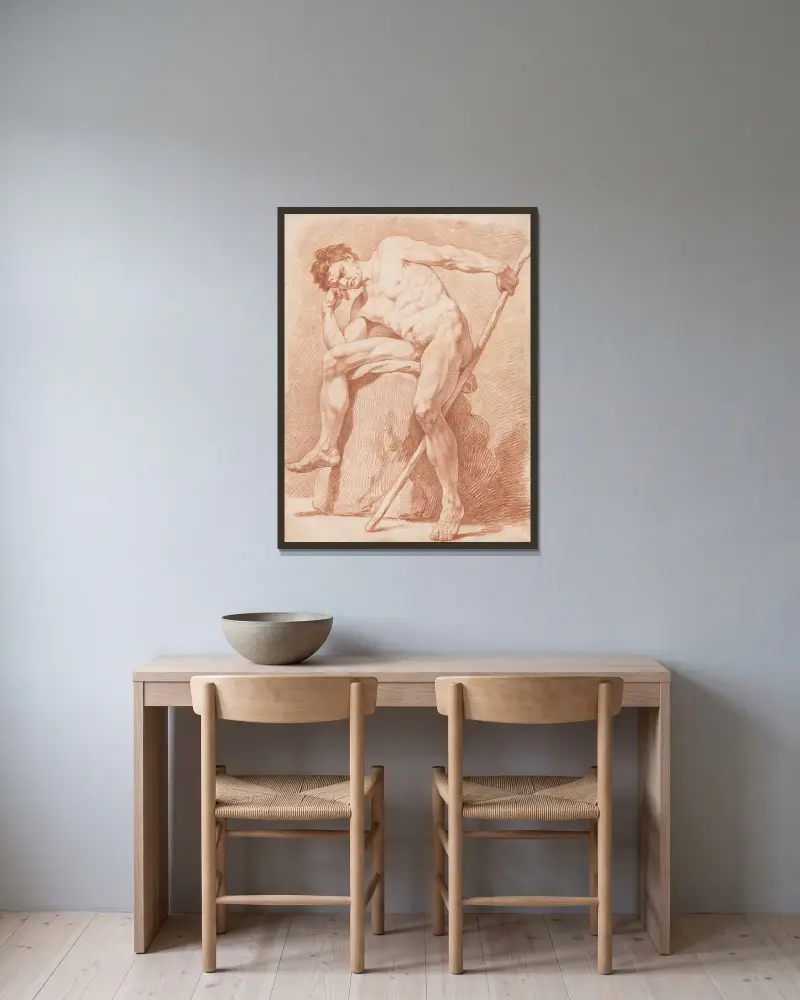 Academy of a Seated Nude Holding a Staff (c. 1735/50) av Edmé Bouchardon inramad på en vägg