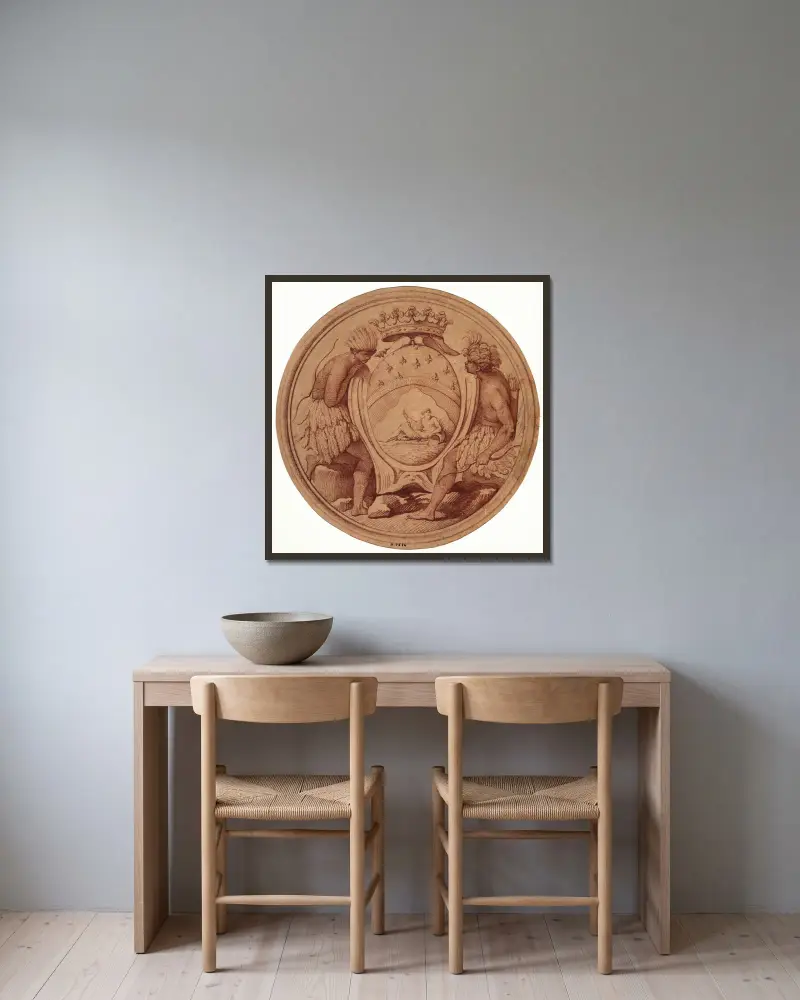 Projet de médaille pour la Compagnie des Indes av Edmé Bouchardon inramad på en vägg