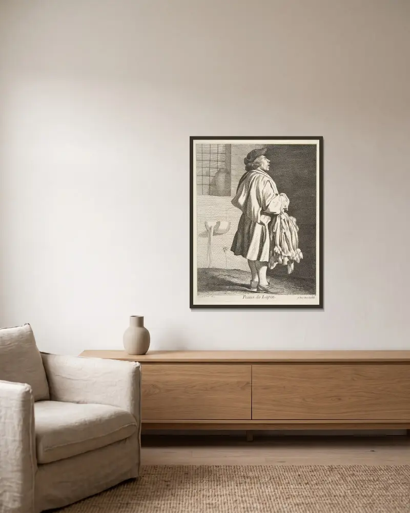 Kaninfellhändler von Edmé Bouchardon gerahmt an einer Wand
