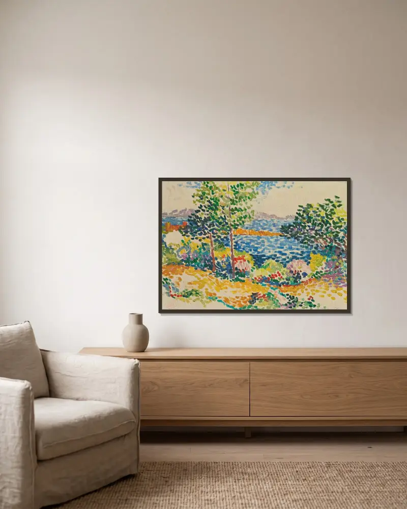 Havsstrand vid Medelhavet av Henri-Edmond Cross inramad på en vägg