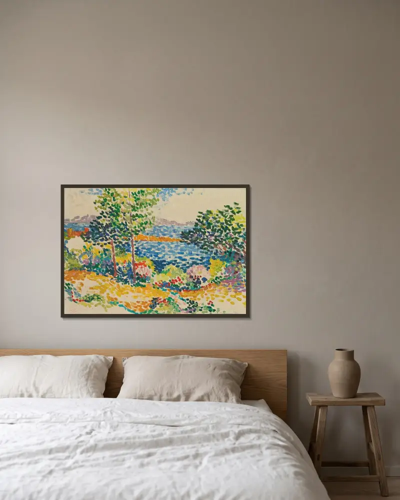 Havsstrand vid Medelhavet av Henri-Edmond Cross inramad på en vägg