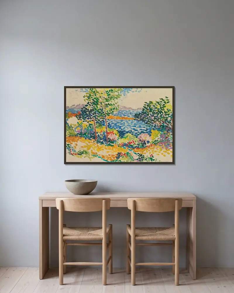 Havsstrand vid Medelhavet av Henri-Edmond Cross inramad på en vägg