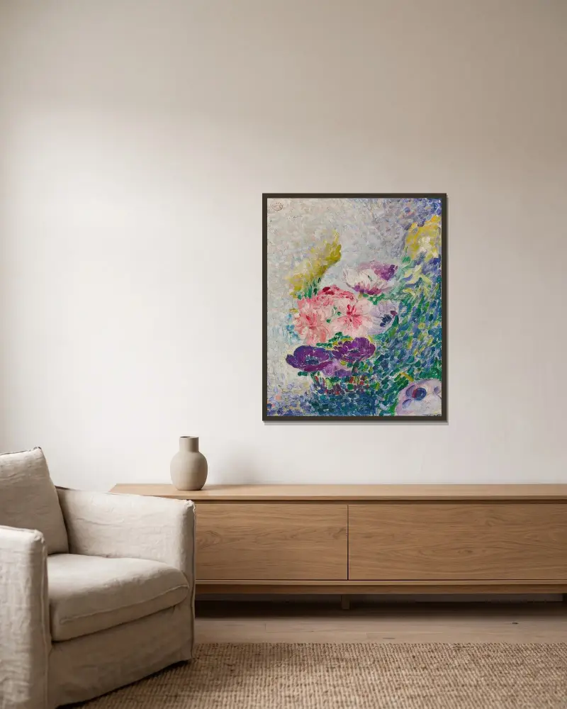 Bukett med vallmo och krysantemum av Henri-Edmond Cross inramad på en vägg