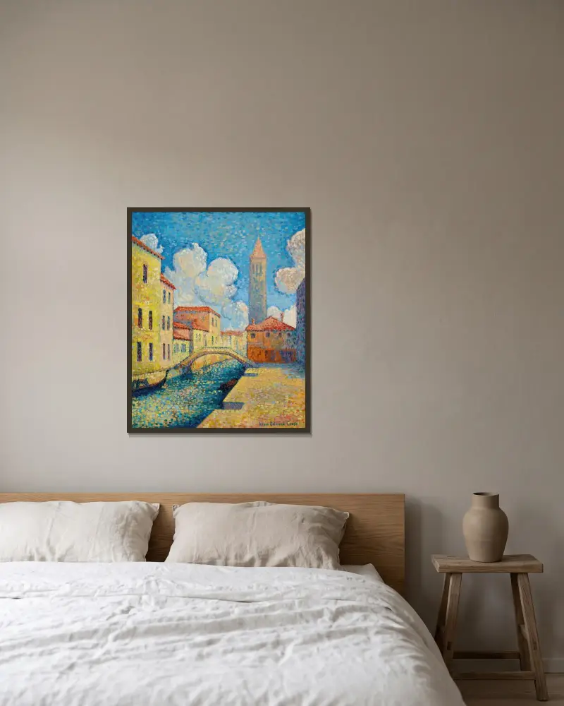 Kanal i Venedig (Campo San Barnaba) av Henri-Edmond Cross inramad på en vägg