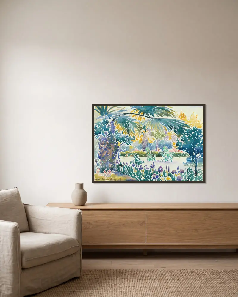 Målarens trädgård i Saint-Clair av Henri-Edmond Cross inramad på en vägg