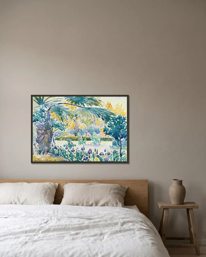 Målarens trädgård i Saint-Clair av Henri-Edmond Cross inramad på en vägg
