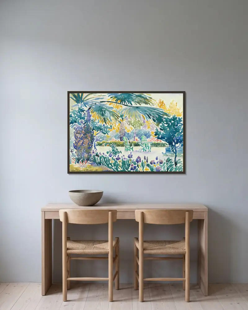 Målarens trädgård i Saint-Clair av Henri-Edmond Cross inramad på en vägg