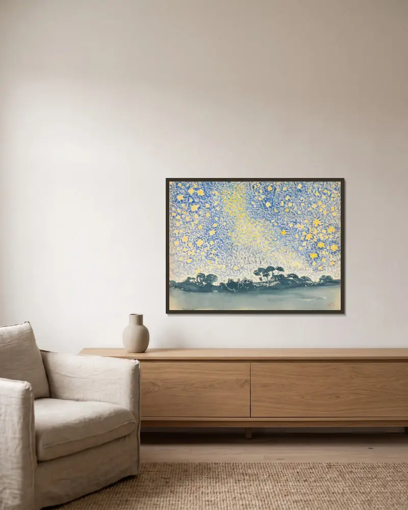 Landschaft mit Sternen von Henri-Edmond Cross gerahmt an einer Wand