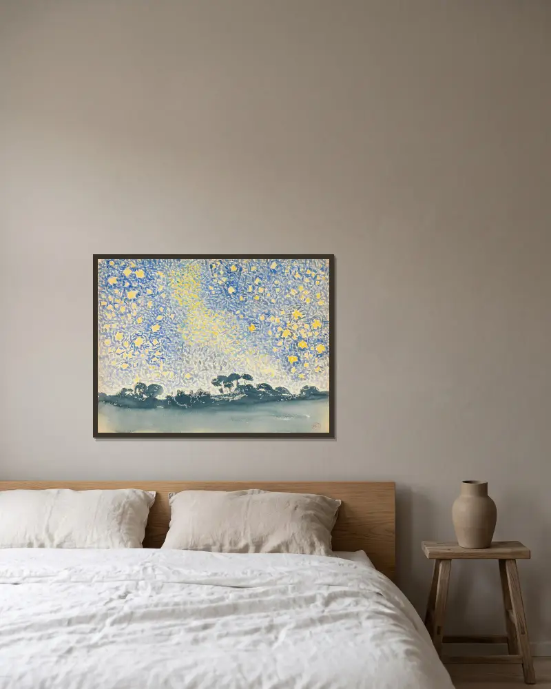 Landschaft mit Sternen von Henri-Edmond Cross gerahmt an einer Wand