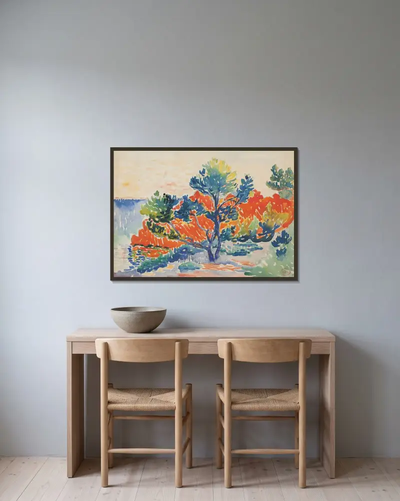 Röda klipporna vid Agay av Henri-Edmond Cross inramad på en vägg