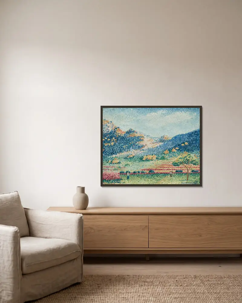Landskap med små mauriska berg av Henri-Edmond Cross inramad på en vägg