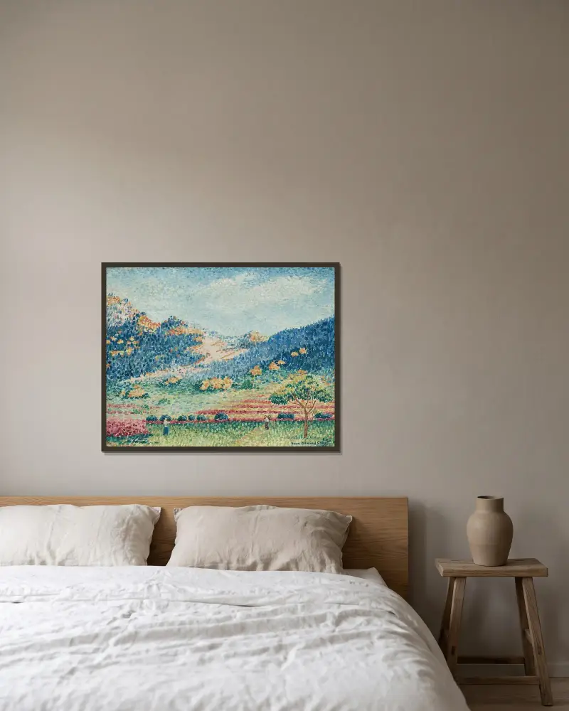 Landskap med små mauriska berg av Henri-Edmond Cross inramad på en vägg