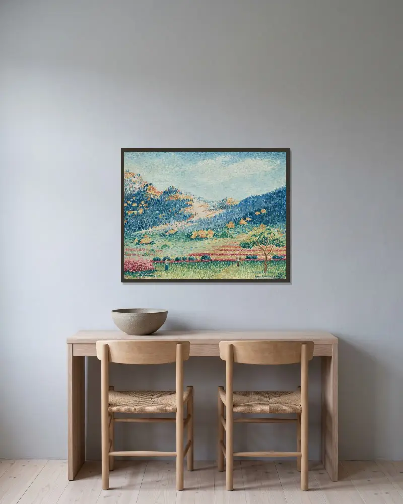 Landskap med små mauriska berg av Henri-Edmond Cross inramad på en vägg