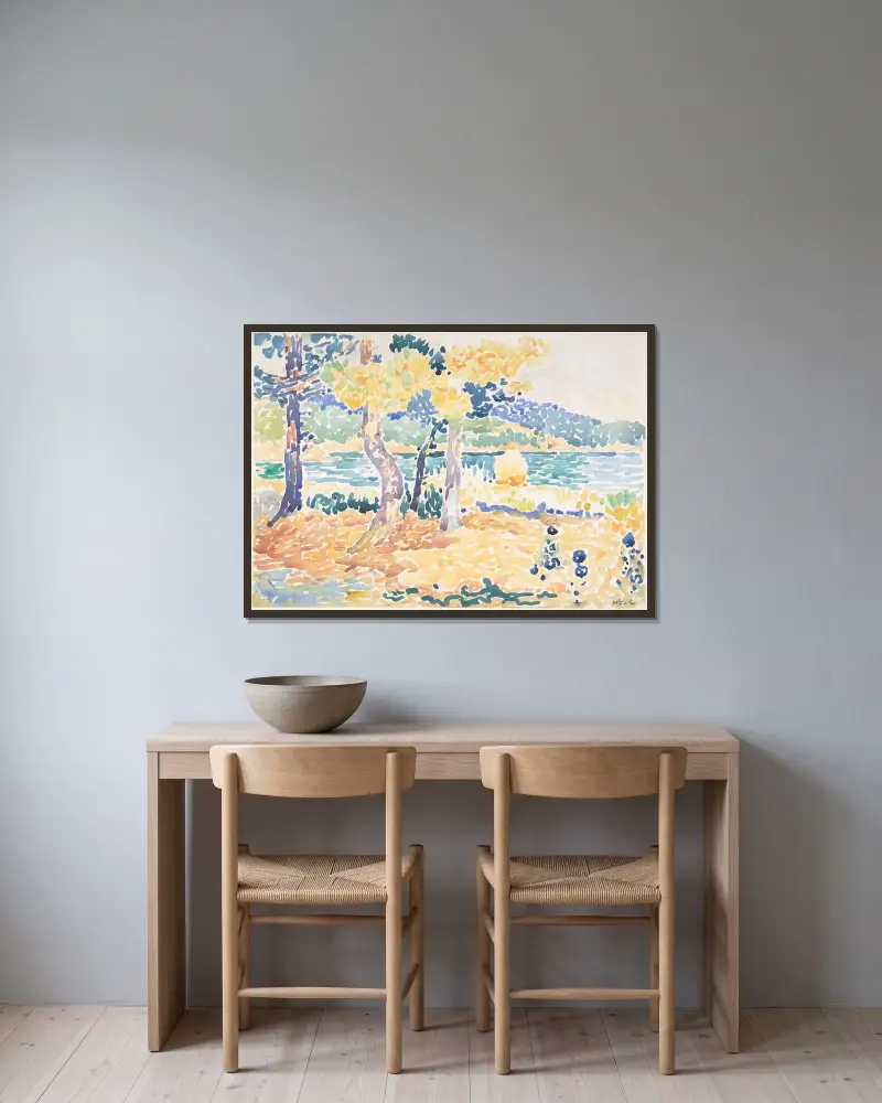 Tallar på kusten av Henri-Edmond Cross inramad på en vägg