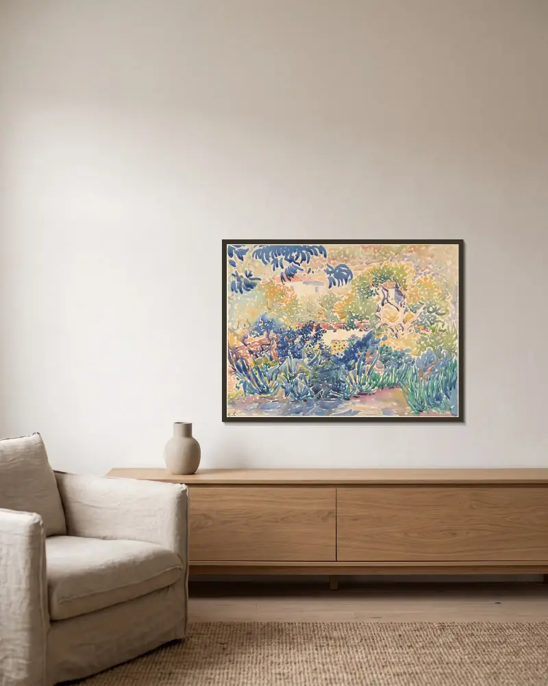 Konstnärens trädgård i Saint-Clair av Henri-Edmond Cross inramad på en vägg