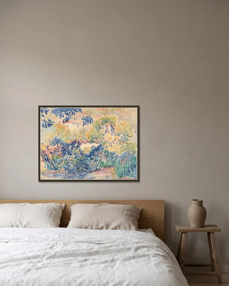 Konstnärens trädgård i Saint-Clair av Henri-Edmond Cross inramad på en vägg