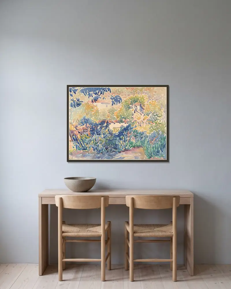 Konstnärens trädgård i Saint-Clair av Henri-Edmond Cross inramad på en vägg