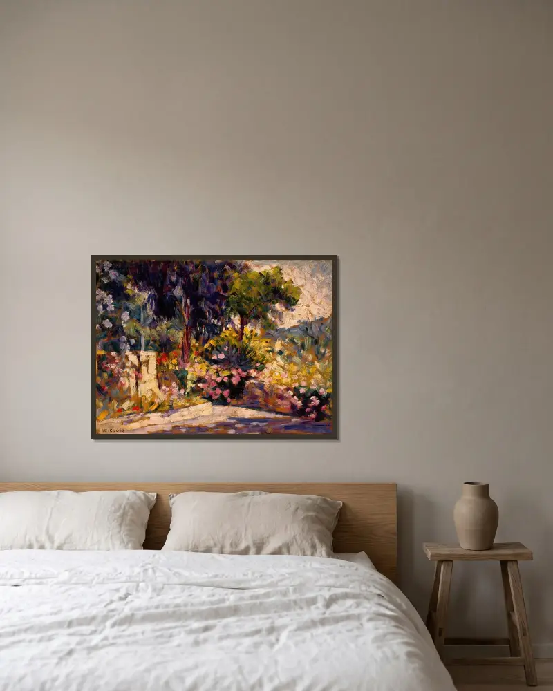 Den blommande terrassen av Henri-Edmond Cross inramad på en vägg