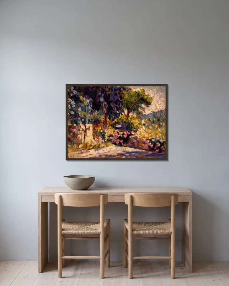 Den blommande terrassen av Henri-Edmond Cross inramad på en vägg