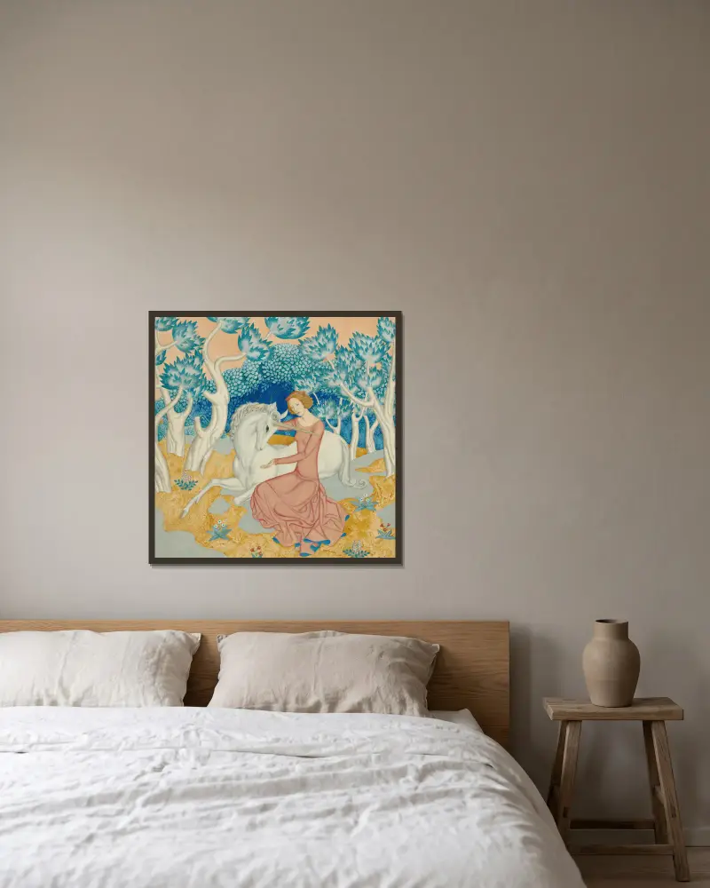 Jungfrun och enhörningen av Edmund Dulac inramad på en vägg