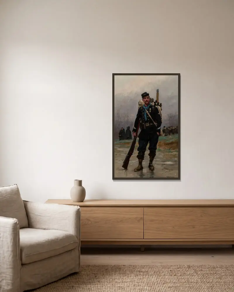 En fransk infanterist från fransk-tyska kriget av Jean-Baptiste Édouard Detaille inramad på en vägg