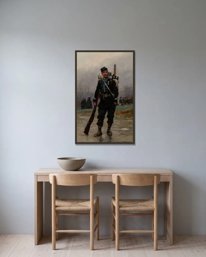 En fransk infanterist från fransk-tyska kriget av Jean-Baptiste Édouard Detaille inramad på en vägg