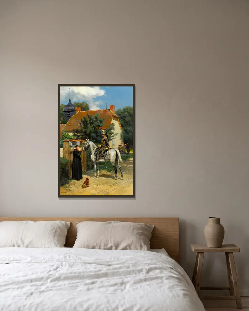 A halt in the village av Jean-Baptiste Édouard Detaille inramad på en vägg