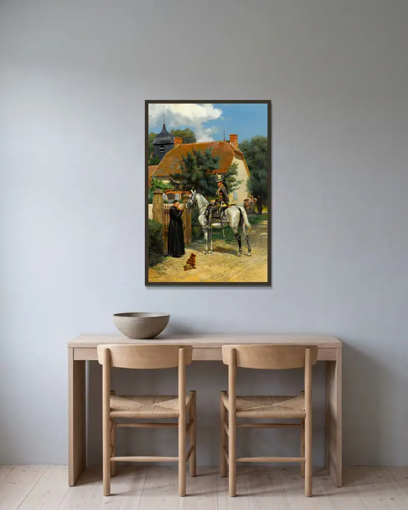 A halt in the village av Jean-Baptiste Édouard Detaille inramad på en vägg