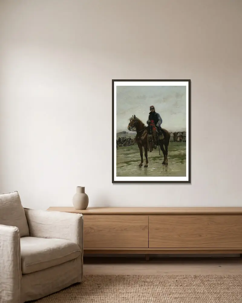 A Mounted Officer av Jean-Baptiste Édouard Detaille inramad på en vägg