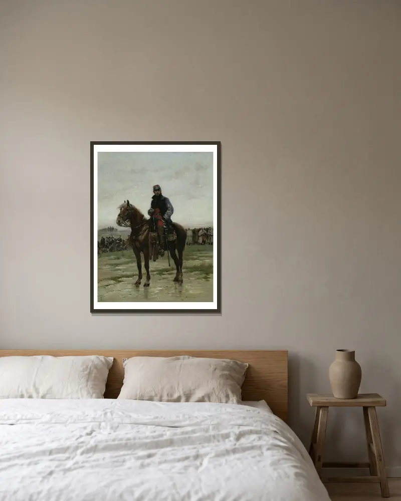 A Mounted Officer av Jean-Baptiste Édouard Detaille inramad på en vägg