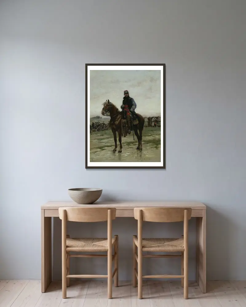 A Mounted Officer av Jean-Baptiste Édouard Detaille inramad på en vägg