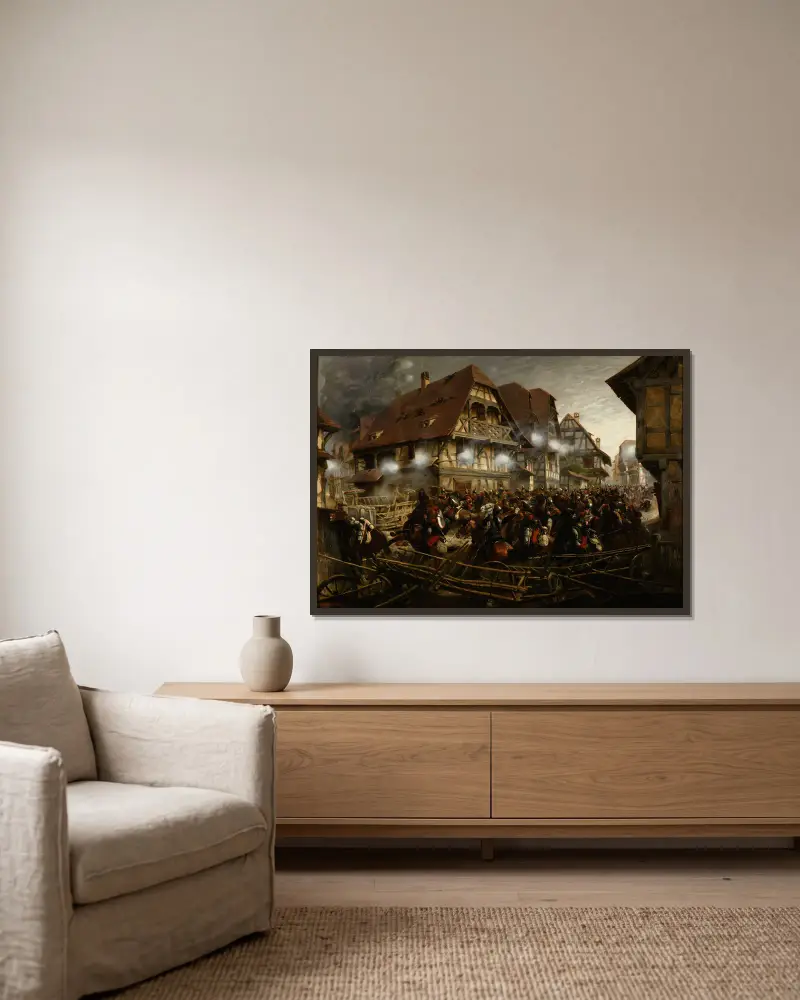 Angriff des 9. Kürassier-Regiments im Dorf Morsbronn von Jean-Baptiste Édouard Detaille gerahmt an einer Wand