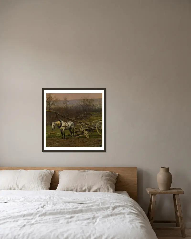 Charrette Attelée D’un Cheval Blanc av Jean-Baptiste Édouard Detaille inramad på en vägg