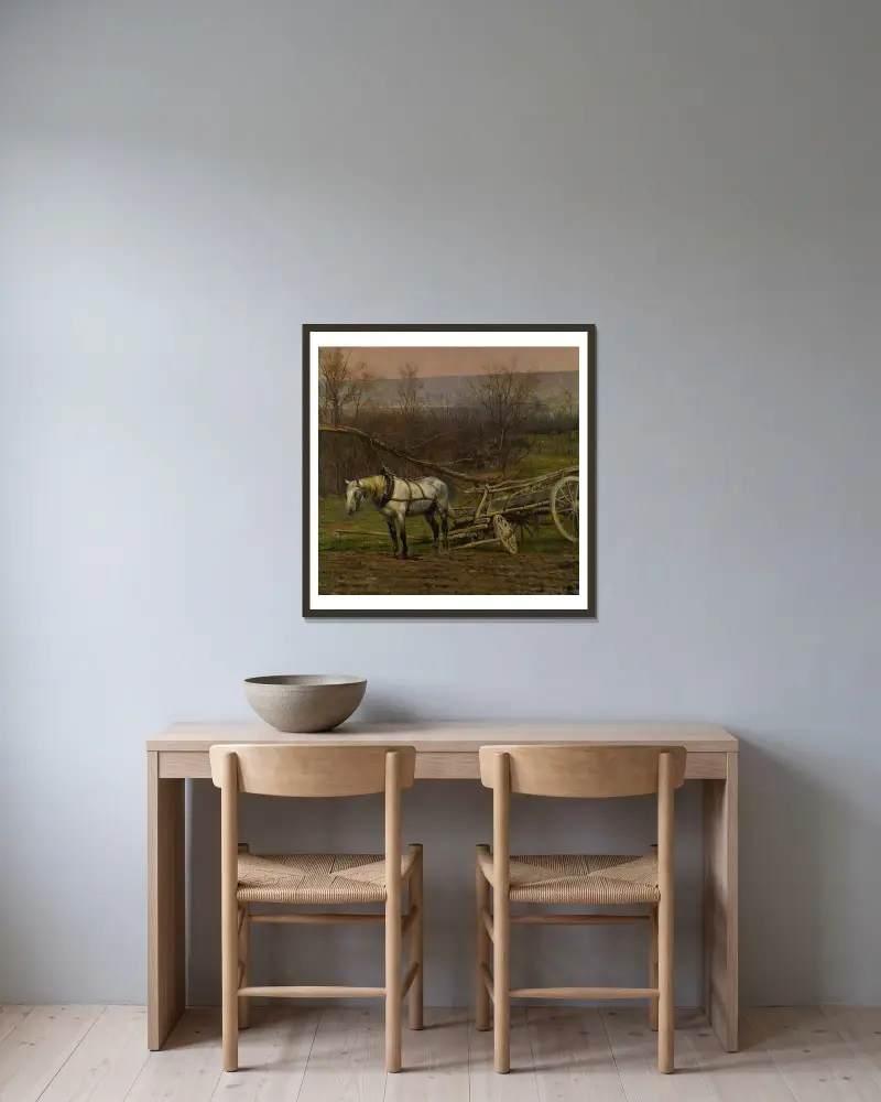Charrette Attelée D’un Cheval Blanc av Jean-Baptiste Édouard Detaille inramad på en vägg
