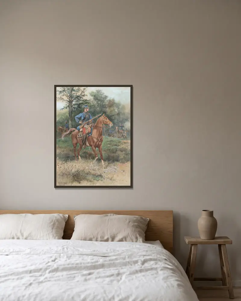 Chasseur à cheval (Soldat zu Pferd) von Jean-Baptiste Édouard Detaille gerahmt an einer Wand