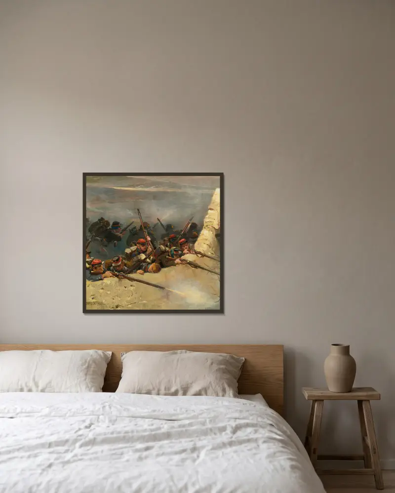 Embusqués Derrière Un Mur. Fantassins De La Ligne; A Fragment From The Panorama Of The Battle Of Champigny av Jean-Baptiste Édouard Detaille inramad på en vägg