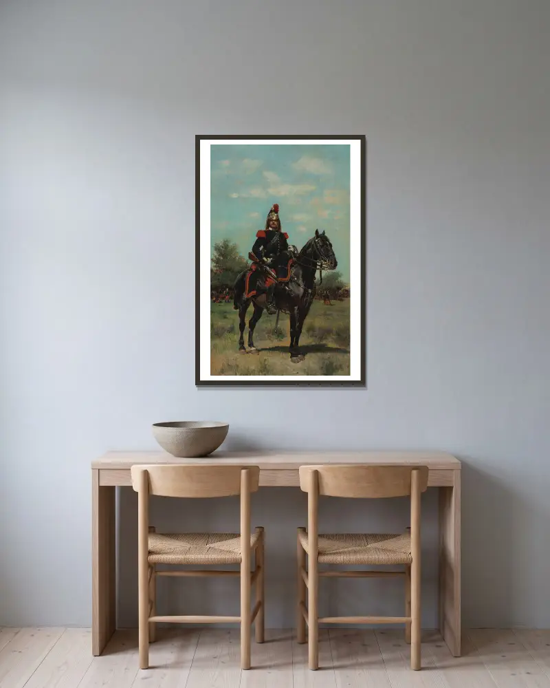Mounted Dragoon Officer av Jean-Baptiste Édouard Detaille inramad på en vägg