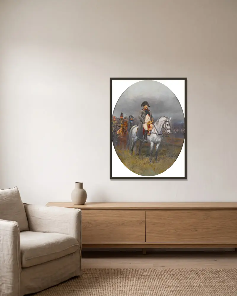 Napoleon On Horseback av Jean-Baptiste Édouard Detaille inramad på en vägg