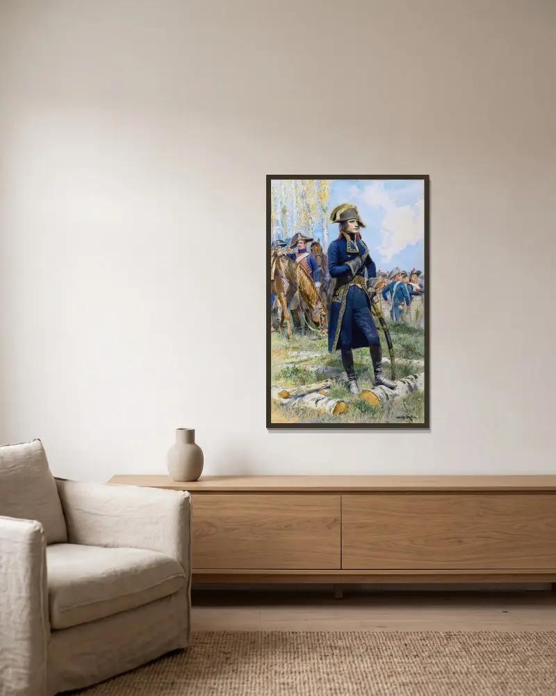 Napoleon med sina trupper av Jean-Baptiste Édouard Detaille inramad på en vägg