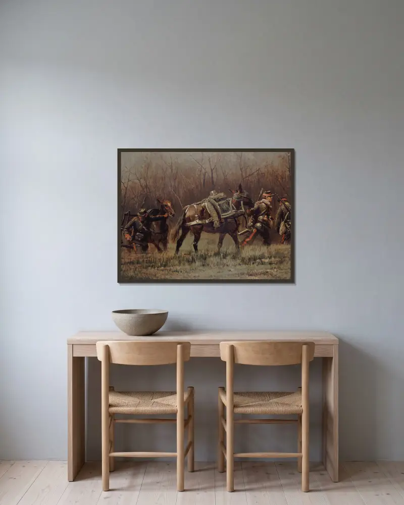 Scène militaire; mobiles conduisant des mulets d’ambulances (fragment du panorama de Champigny) av Jean-Baptiste Édouard Detaille inramad på en vägg