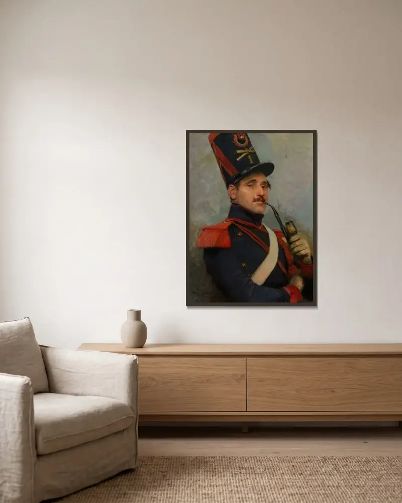 Självporträtt i fransk artilleriuniform av Jean-Baptiste Édouard Detaille inramad på en vägg