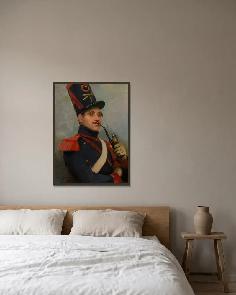 Självporträtt i fransk artilleriuniform av Jean-Baptiste Édouard Detaille inramad på en vägg