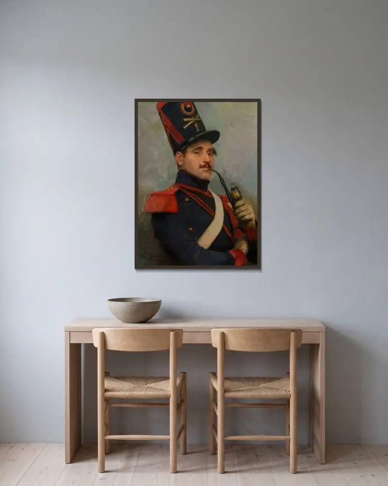 Självporträtt i fransk artilleriuniform av Jean-Baptiste Édouard Detaille inramad på en vägg